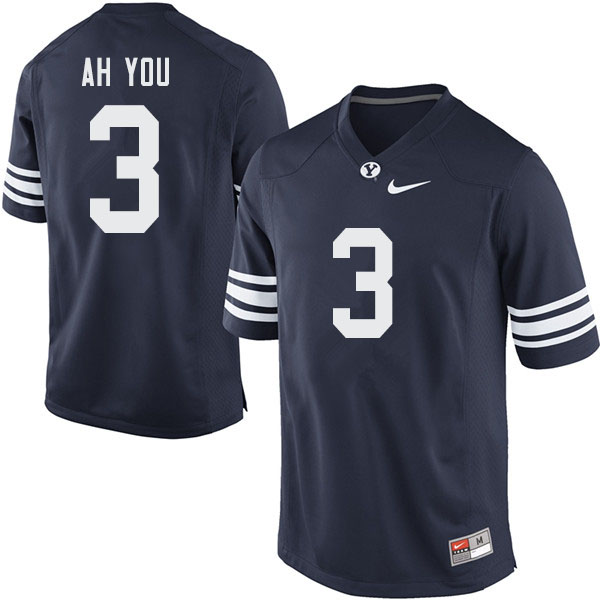 Men #3 Chaz Ah You BYU Cougars College Football Jerseys Sale-Navy